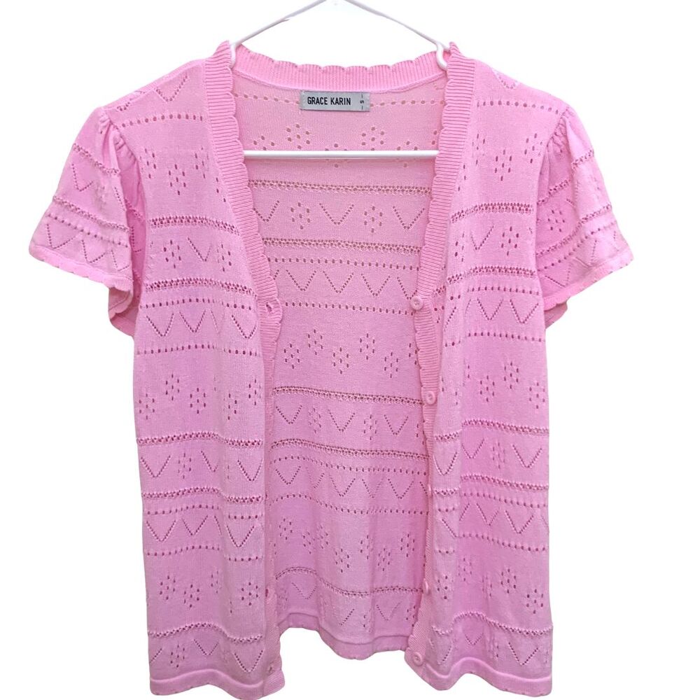 Grace Karin Pink Eyelets Knit Short Sleeve Lightweight Cardigan